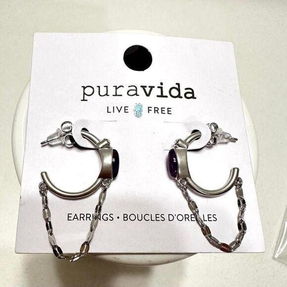 Pura‎ Vida Hoop Earring with Purple Stone Silver Metal New In Package - Picture 1 of 6